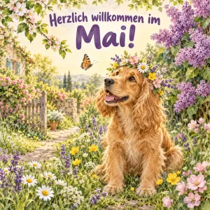 Ein Cockerspaniel mit Blumenkranz sitzt in einem blühenden Garten mit Flieder und Schmetterling, darüber "Herzlich willkommen im Mai!".