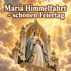 Eine Marienstatue in einem goldenen Schrein inmitten leuchtender Wolken mit Lilien und dem Gruß "Mariä Himmelfahrt – schönen Feiertag".