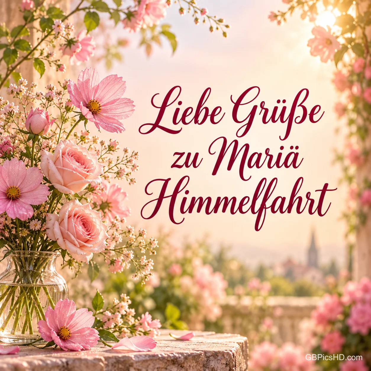 Rosa Rosen und Schmuckkörbchen auf einer sonnigen Terrasse mit dem Schriftzug "Liebe Grüße zu Mariä Himmelfahrt". Rosa Rosen und Schmuckkörbchen auf einer sonnigen Terrasse mit dem Schriftzug "Liebe Grüße zu Mariä Himmelfahrt".