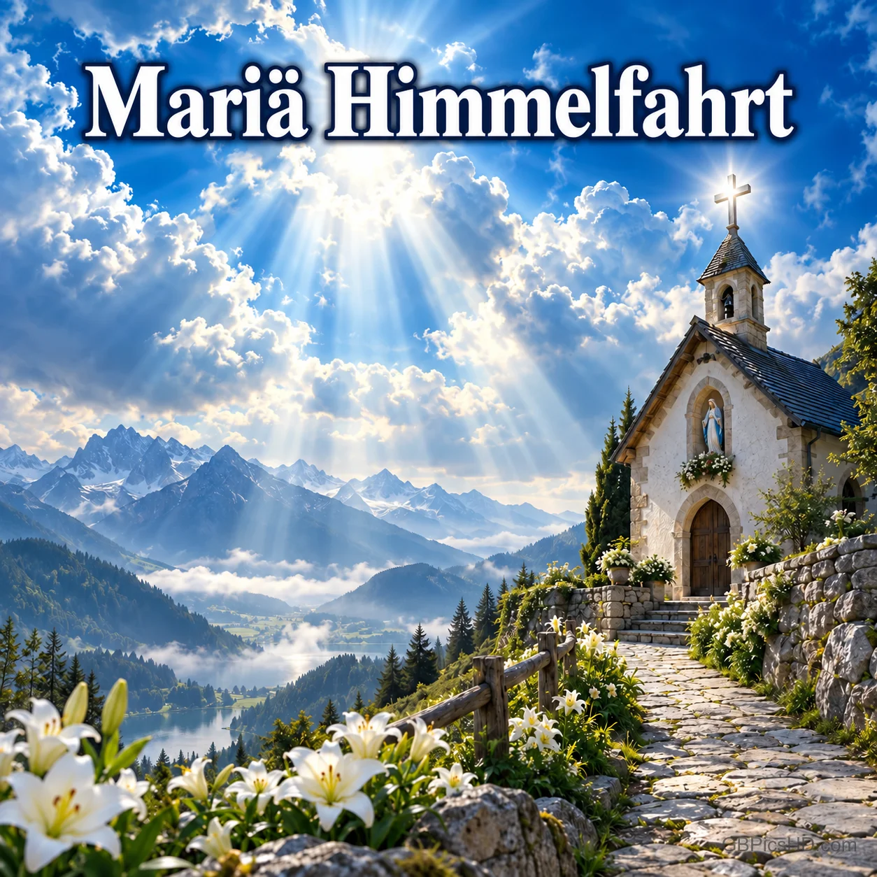 Eine kleine Bergkapelle unter strahlendem Himmel mit Lilien am Wegesrand und der Aufschrift "Maria Himmelfahrt". Eine kleine Bergkapelle unter strahlendem Himmel mit Lilien am Wegesrand und der Aufschrift "Maria Himmelfahrt".