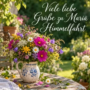 Ein bunter Wildblumenstrauß in einem Krug auf einem Gartentisch mit dem Gruß "Viele liebe Grüße zu Mariä Himmelfahrt".