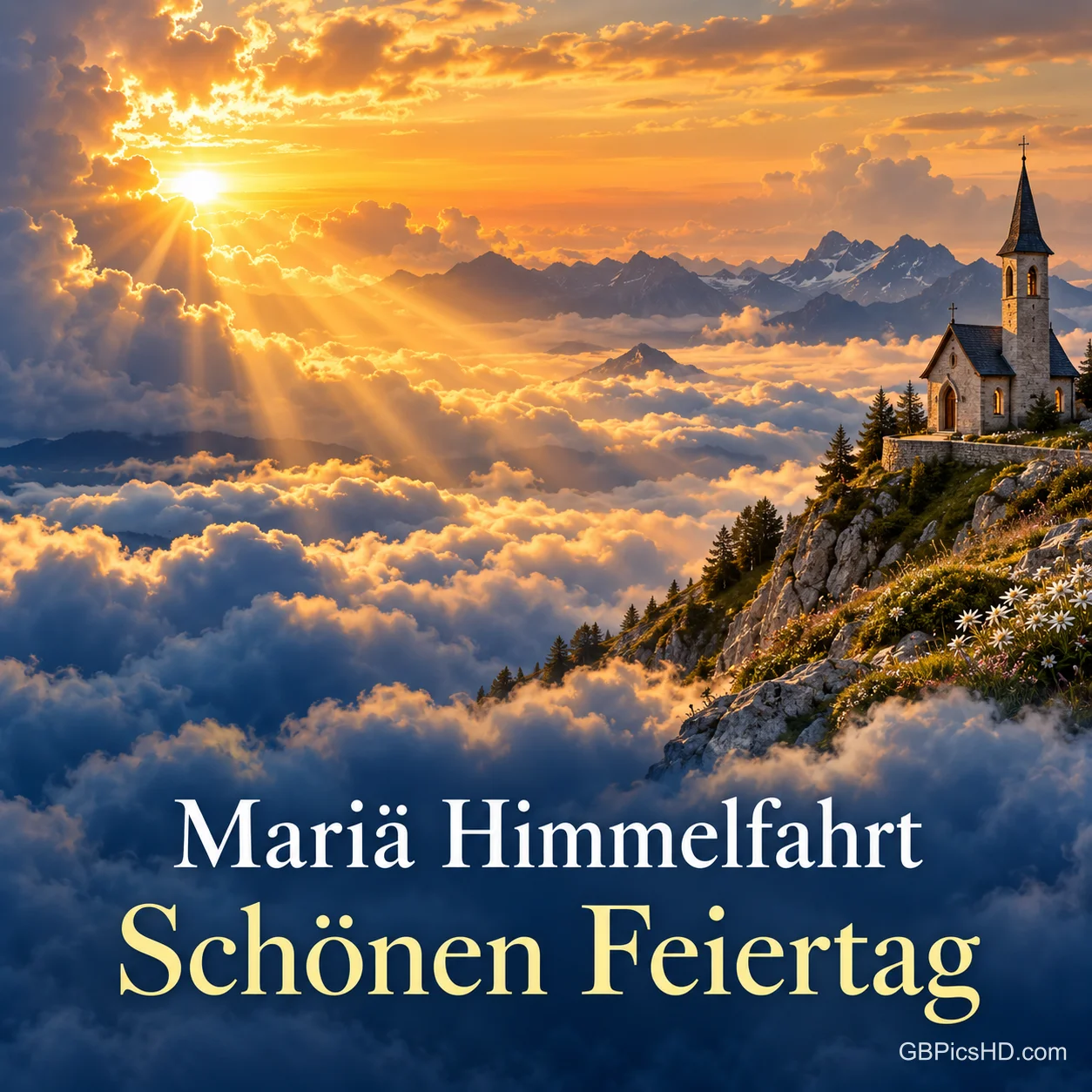Sonnenstrahlen brechen über einem Wolkenmeer hervor, auf einem Berg steht eine Kapelle, dazu "Mariä Himmelfahrt – Schönen Feiertag". Sonnenstrahlen brechen über einem Wolkenmeer hervor, auf einem Berg steht eine Kapelle, dazu "Mariä Himmelfahrt – Schönen Feiertag".
