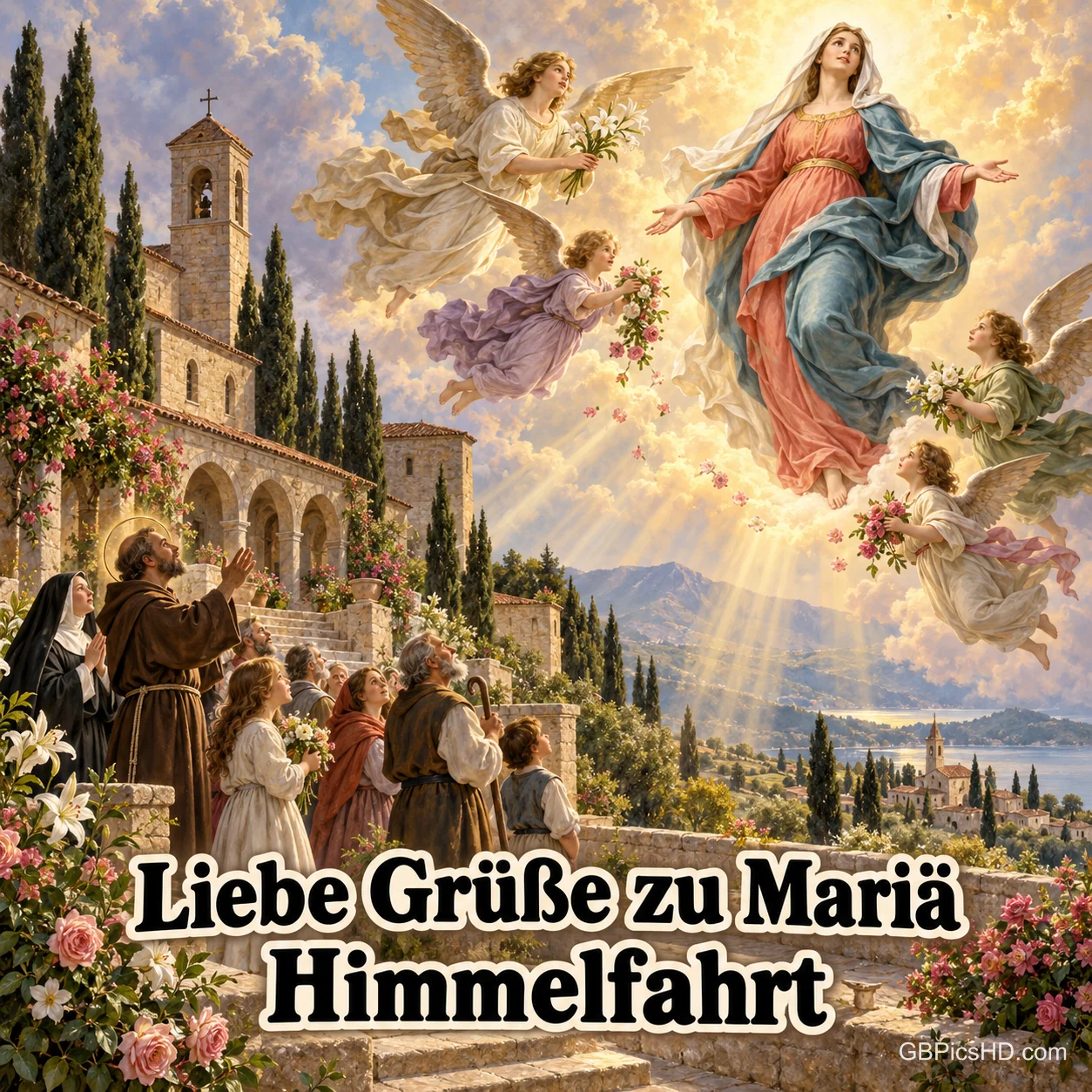 Maria schwebt, begleitet von Engeln mit Blumen, in den Himmel, während Gläubige vor einem Kloster staunend aufblicken, dazu "Liebe Grüße zu Mariä Himmelfahrt". Maria schwebt, begleitet von Engeln mit Blumen, in den Himmel, während Gläubige vor einem Kloster staunend aufblicken, dazu "Liebe Grüße zu Mariä Himmelfahrt".