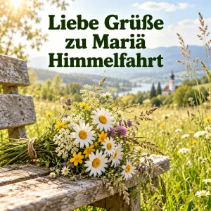 Ein Wiesenblumenstrauß liegt auf einer Holzbank vor einer Sommerlandschaft mit Kirche und See, darüber "Liebe Grüße zu Mariä Himmelfahrt".