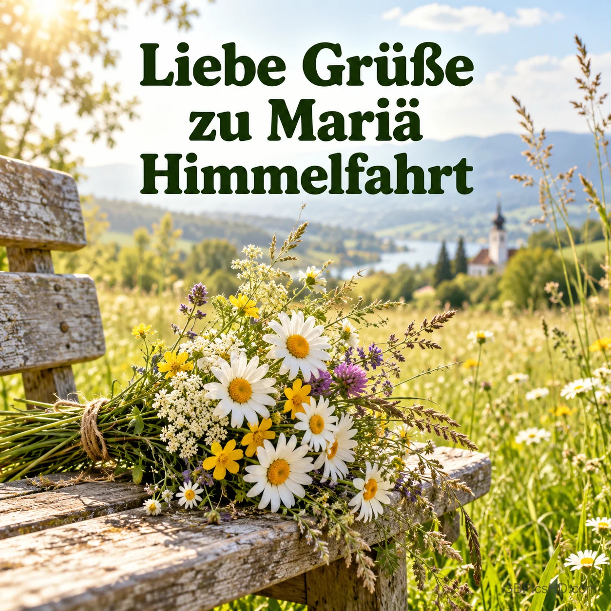 Ein Wiesenblumenstrauß liegt auf einer Holzbank vor einer Sommerlandschaft mit Kirche und See, darüber "Liebe Grüße zu Mariä Himmelfahrt". Ein Wiesenblumenstrauß liegt auf einer Holzbank vor einer Sommerlandschaft mit Kirche und See, darüber "Liebe Grüße zu Mariä Himmelfahrt".