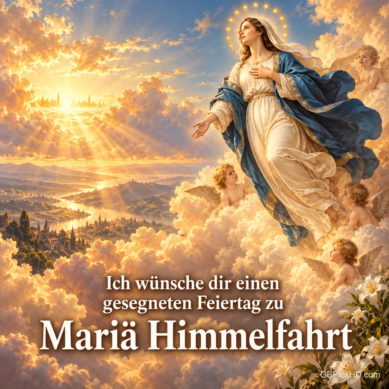 Maria schwebt mit Sternenkranz über goldenen Wolken, umgeben von Engeln, mit dem Wunsch "Ich wünsche dir einen gesegneten Feiertag zu Mariä Himmelfahrt". Maria schwebt mit Sternenkranz über goldenen Wolken, umgeben von Engeln, mit dem Wunsch "Ich wünsche dir einen gesegneten Feiertag zu Mariä Himmelfahrt".