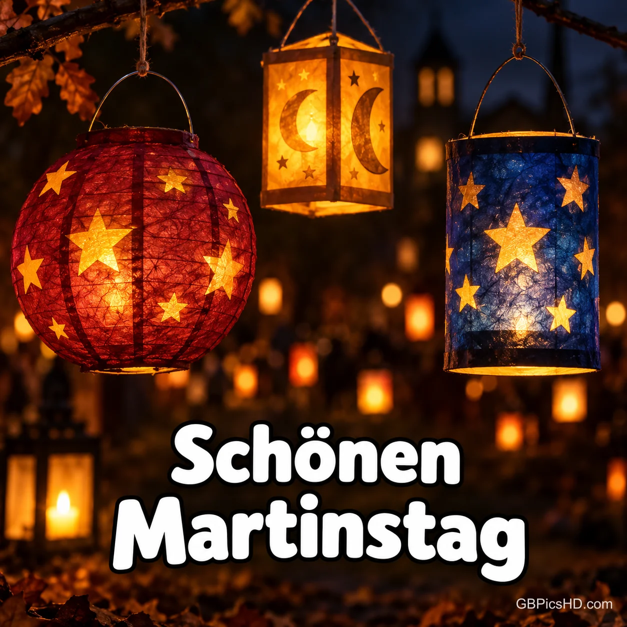 Bunte Papierlaternen mit Sternen und Monden hängen leuchtend in einer herbstlichen Nacht vor Häusern, davor der Schriftzug "Schönen Martinstag" Bunte Papierlaternen mit Sternen und Monden hängen leuchtend in einer herbstlichen Nacht vor Häusern, davor der Schriftzug "Schönen Martinstag"