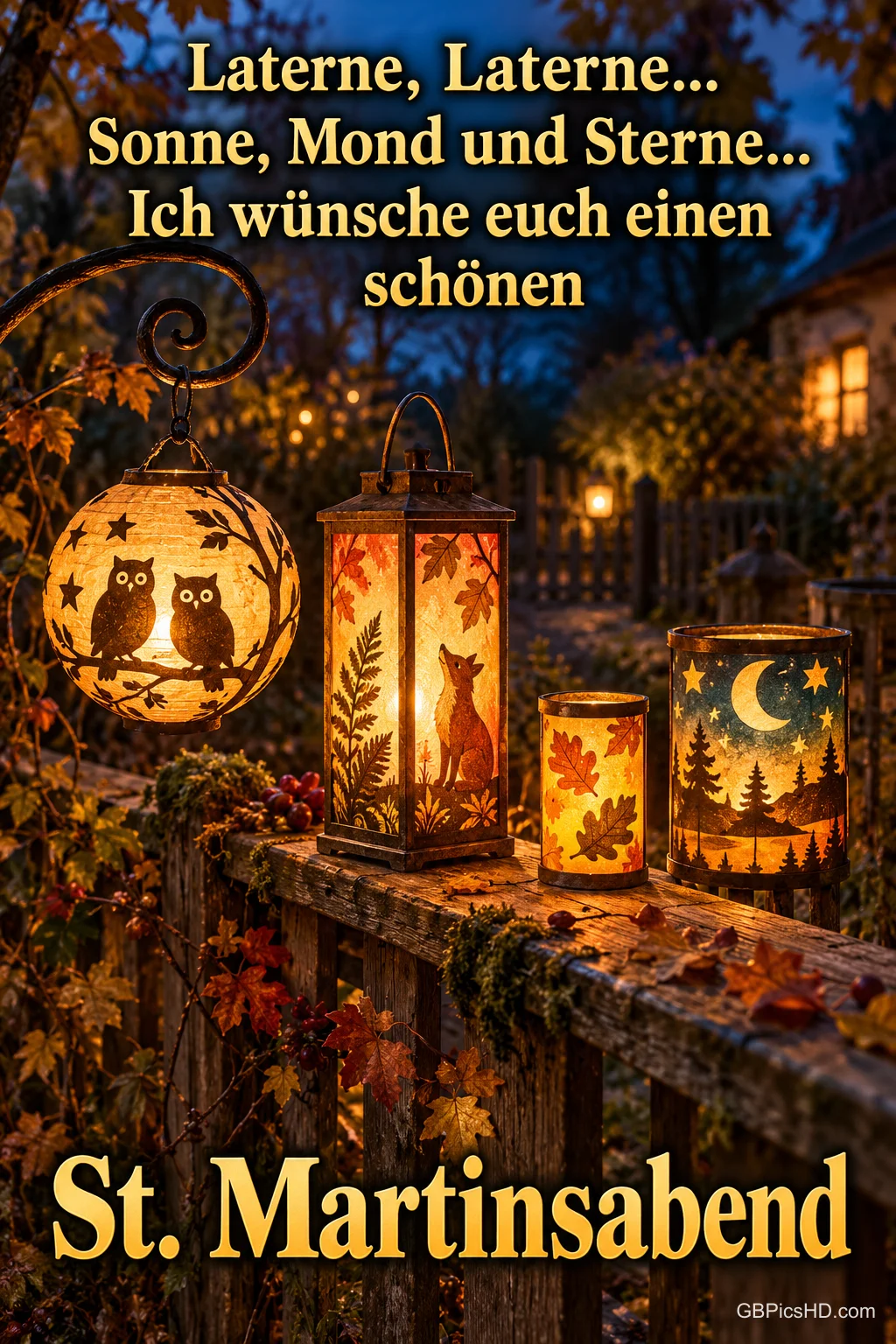 Leuchtende Laternen mit Eulen, Fuchs, Mond und Herbstblättern stehen auf einem Holzgeländer in einer abendlichen Gasse, dazu ein Gruß zum St. Martinsabend Leuchtende Laternen mit Eulen, Fuchs, Mond und Herbstblättern stehen auf einem Holzgeländer in einer abendlichen Gasse, dazu ein Gruß zum St. Martinsabend