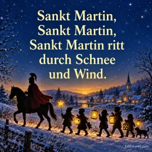 Silhouette von Sankt Martin zu Pferd mit Umhang, gefolgt von Kindern mit bunten Laternen durch eine verschneite Abendlandschaft mit Dorf und Kirche