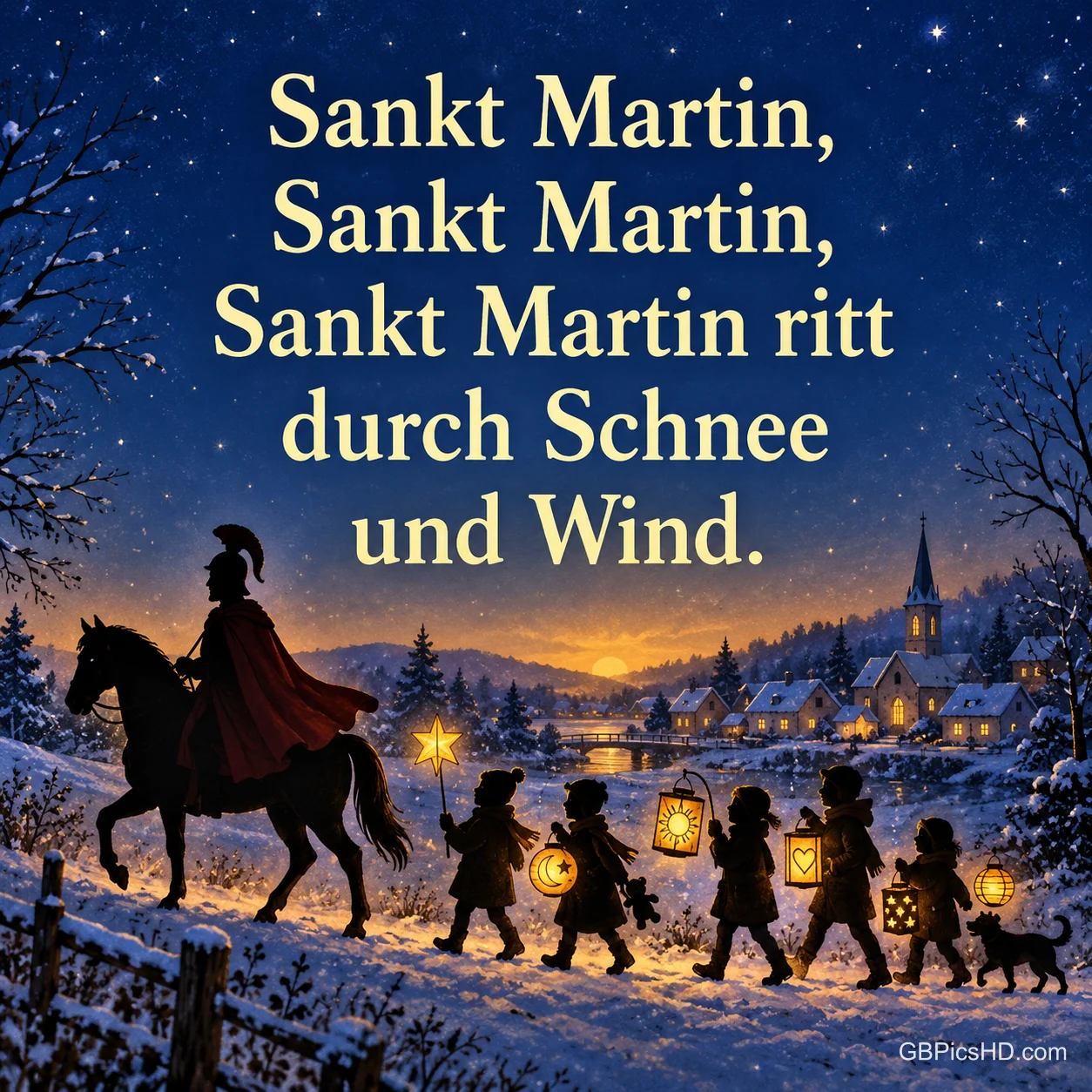 Silhouette von Sankt Martin zu Pferd mit Umhang, gefolgt von Kindern mit bunten Laternen durch eine verschneite Abendlandschaft mit Dorf und Kirche Silhouette von Sankt Martin zu Pferd mit Umhang, gefolgt von Kindern mit bunten Laternen durch eine verschneite Abendlandschaft mit Dorf und Kirche