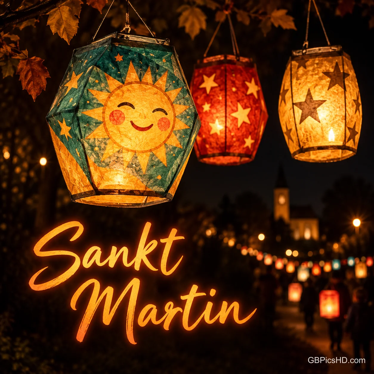 Leuchtende Laternen mit lachender Sonne und Sternen hängen unter Herbstlaub, im Hintergrund ein Lichterweg, davor der orange glühende Schriftzug "Sankt Martin" Leuchtende Laternen mit lachender Sonne und Sternen hängen unter Herbstlaub, im Hintergrund ein Lichterweg, davor der orange glühende Schriftzug "Sankt Martin"