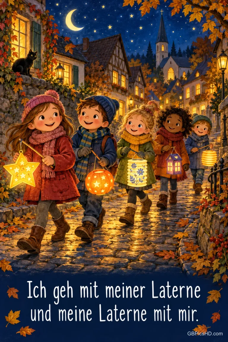 Fünf fröhliche Kinder mit bunten Laternen laufen nachts durch eine Gasse mit Fachwerkhäusern und Herbstlaub, am Himmel Mond und Sterne
