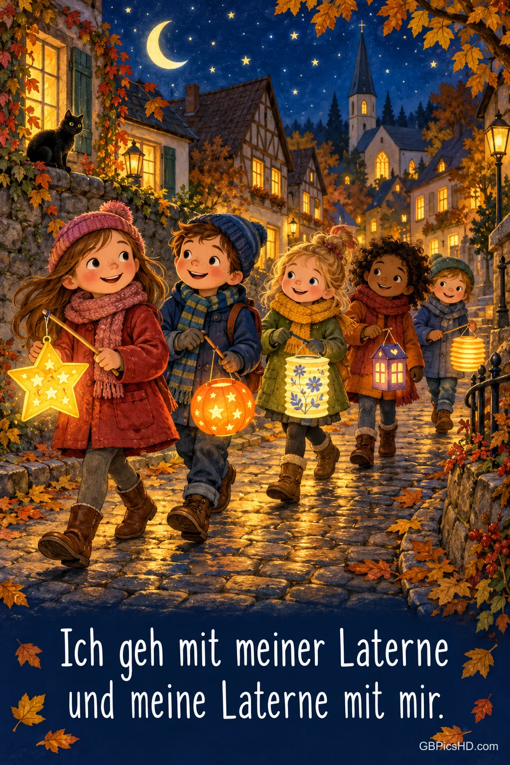 Fünf fröhliche Kinder mit bunten Laternen laufen nachts durch eine Gasse mit Fachwerkhäusern und Herbstlaub, am Himmel Mond und Sterne Fünf fröhliche Kinder mit bunten Laternen laufen nachts durch eine Gasse mit Fachwerkhäusern und Herbstlaub, am Himmel Mond und Sterne