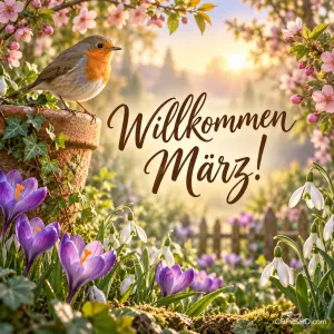 Ein Rotkehlchen sitzt auf einem Blumentopf in einem Frühlingsgarten mit Krokussen, Schneeglöckchen und Kirschblüten, dazu "Willkommen März!".