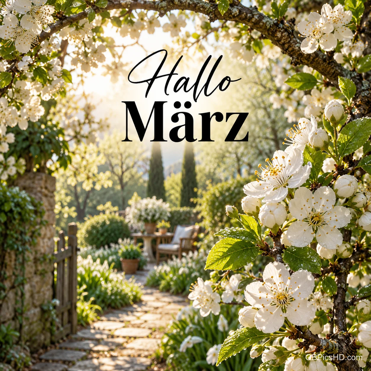 Ein Gartentor unter blühenden weißen Obstbaumzweigen öffnet sich zu einem sonnigen Garten, darüber "Hallo März". Ein Gartentor unter blühenden weißen Obstbaumzweigen öffnet sich zu einem sonnigen Garten, darüber "Hallo März".
