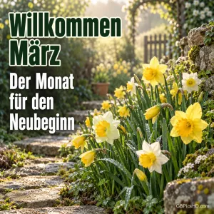 Gelbe Narzissen blühen an einem Steinweg im Garten neben dem Text "Willkommen März – Der Monat für den Neubeginn".