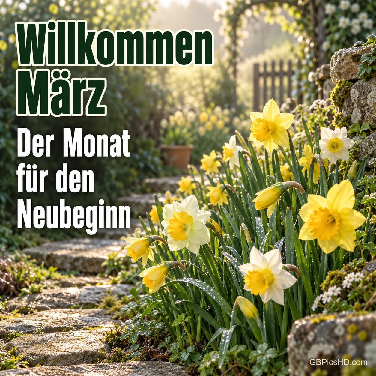 Gelbe Narzissen blühen an einem Steinweg im Garten neben dem Text "Willkommen März – Der Monat für den Neubeginn". Gelbe Narzissen blühen an einem Steinweg im Garten neben dem Text "Willkommen März – Der Monat für den Neubeginn".