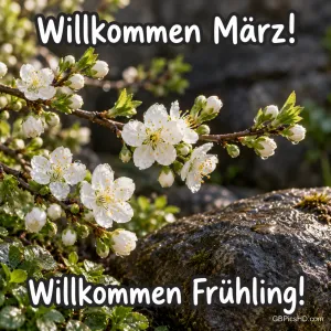 Weiße Blüten an einem Zweig vor dunklem Felsen mit dem Gruß "Willkommen März! Willkommen Frühling!".