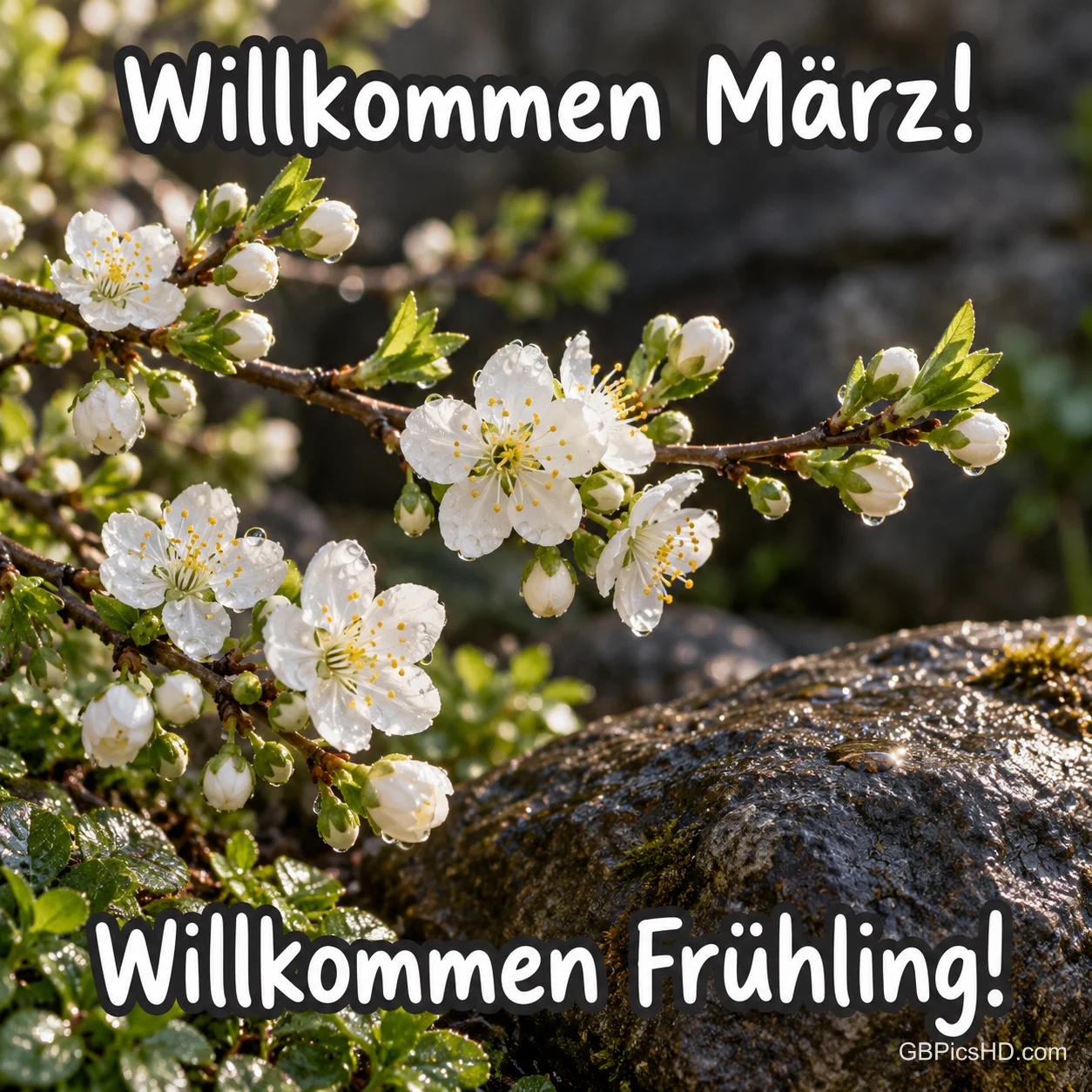 Weiße Blüten an einem Zweig vor dunklem Felsen mit dem Gruß "Willkommen März! Willkommen Frühling!". Weiße Blüten an einem Zweig vor dunklem Felsen mit dem Gruß "Willkommen März! Willkommen Frühling!".