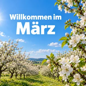 Blühende Obstbäume unter blauem Himmel säumen eine grüne Wiese, darüber "Willkommen im März".