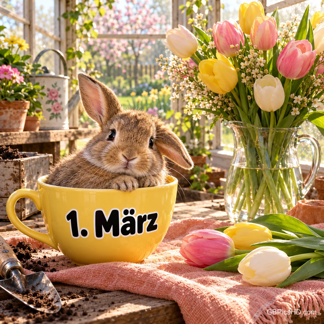 Ein Kaninchen sitzt in einer gelben Tasse mit der Aufschrift "1. März", daneben ein Strauß Tulpen in einem Gartenhaus. Ein Kaninchen sitzt in einer gelben Tasse mit der Aufschrift "1. März", daneben ein Strauß Tulpen in einem Gartenhaus.