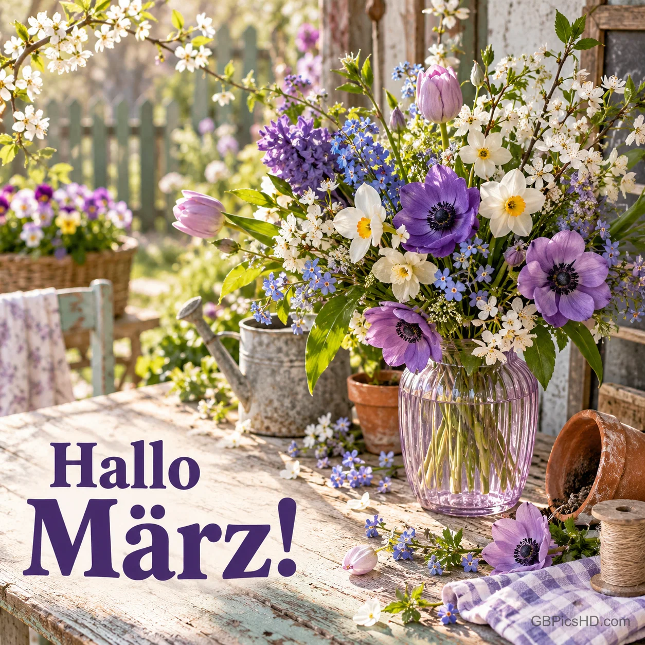 Ein Strauß mit Anemonen, Hyazinthen und Frühlingsblumen auf einem Gartentisch, dazu der Gruß "Hallo März!". Ein Strauß mit Anemonen, Hyazinthen und Frühlingsblumen auf einem Gartentisch, dazu der Gruß "Hallo März!".