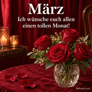 Rote Rosen in einer Kristallvase bei Kerzenlicht mit dem Wunsch "März – Ich wünsche euch allen einen tollen Monat!".