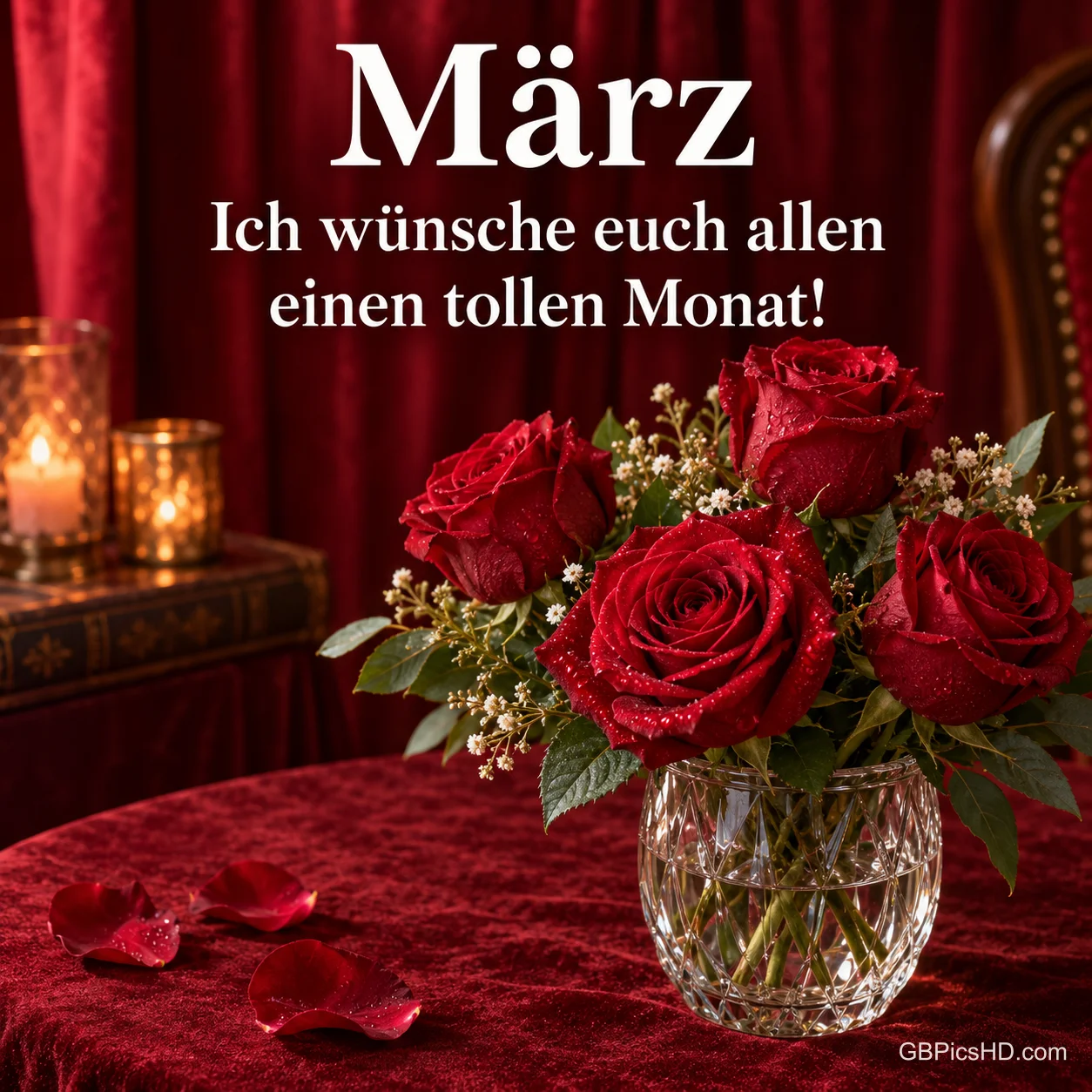 Rote Rosen in einer Kristallvase bei Kerzenlicht mit dem Wunsch "März – Ich wünsche euch allen einen tollen Monat!". Rote Rosen in einer Kristallvase bei Kerzenlicht mit dem Wunsch "März – Ich wünsche euch allen einen tollen Monat!".