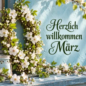 Ein Kranz aus weißen Blütenzweigen an einer hellblauen Wand neben dem Schriftzug "Herzlich willkommen März".