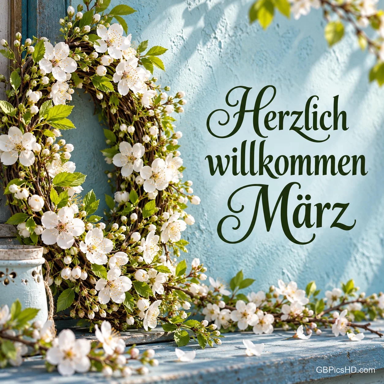 Ein Kranz aus weißen Blütenzweigen an einer hellblauen Wand neben dem Schriftzug "Herzlich willkommen März". Ein Kranz aus weißen Blütenzweigen an einer hellblauen Wand neben dem Schriftzug "Herzlich willkommen März".