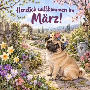 Ein Mops mit Blumenkranz sitzt auf einem Weg in einem blühenden Frühlingsgarten, darüber "Herzlich willkommen im März!".
