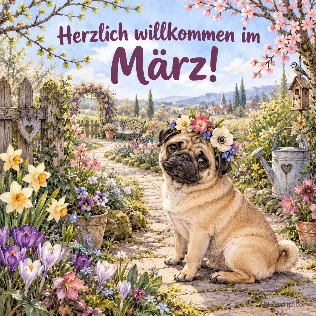 Ein Mops mit Blumenkranz sitzt auf einem Weg in einem blühenden Frühlingsgarten, darüber "Herzlich willkommen im März!". Ein Mops mit Blumenkranz sitzt auf einem Weg in einem blühenden Frühlingsgarten, darüber "Herzlich willkommen im März!".