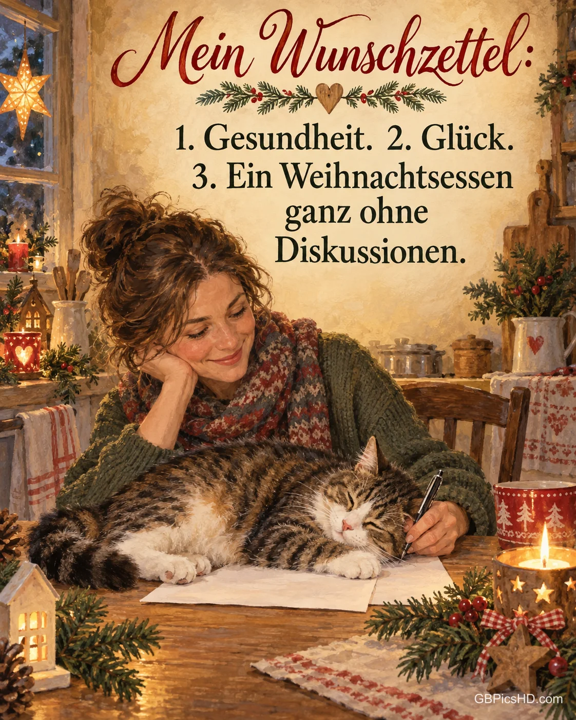 Eine Frau schreibt mit verschmitztem Lächeln ihren Wunschzettel, eine Katze liegt auf dem Papier, daneben Kerzen und Tannenzweige, dazu "Mein Wunschzettel".