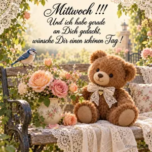 Ein Teddybär sitzt auf einer Gartenbank neben Rosen und einer Blaumeise: "wünsche Dir einen schönen Tag!".