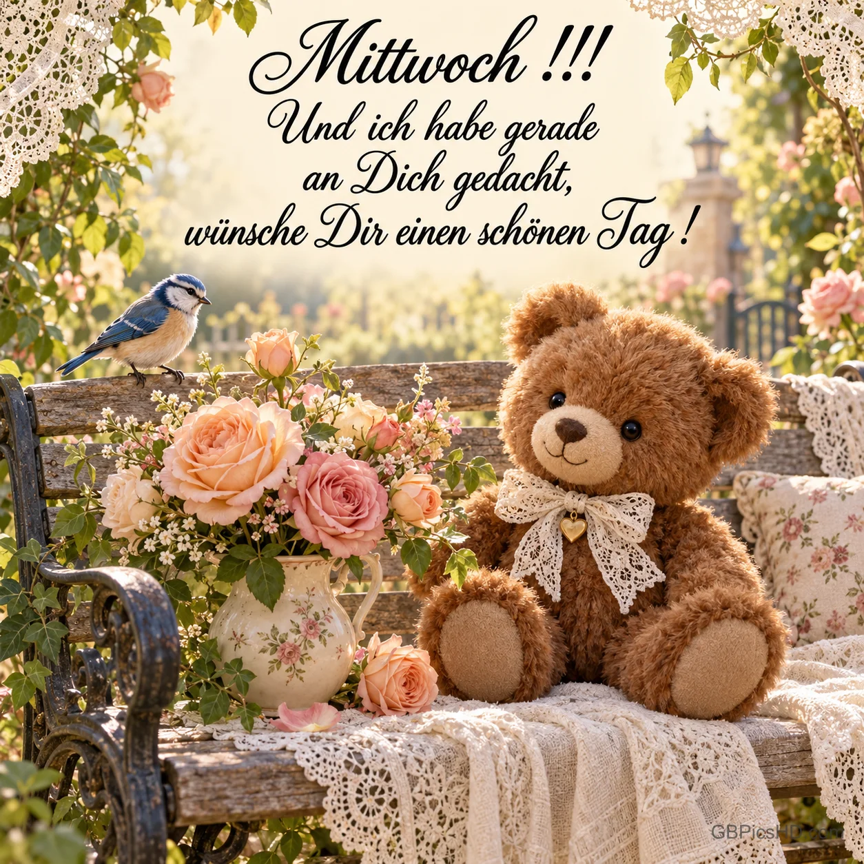 Ein Teddybär sitzt auf einer Gartenbank neben Rosen und einer Blaumeise: "wünsche Dir einen schönen Tag!".