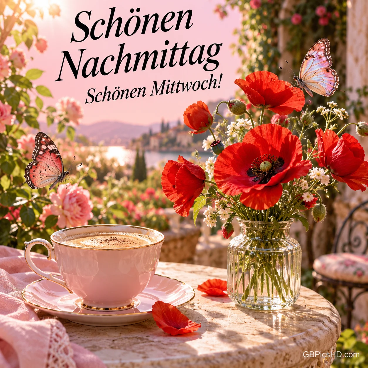 Eine rosa Kaffeetasse und eine Vase mit rotem Mohn stehen zwischen Schmetterlingen, darüber "Schönen Nachmittag".