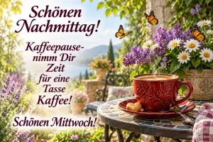 Eine rote Kaffeetasse steht neben Flieder und Margeriten auf einem Gartentisch; Schmetterlinge fliegen. "Schönen Mittwoch!"