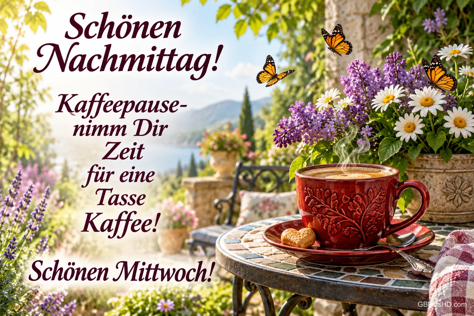 Eine rote Kaffeetasse steht neben Flieder und Margeriten auf einem Gartentisch; Schmetterlinge fliegen. "Schönen Mittwoch!"