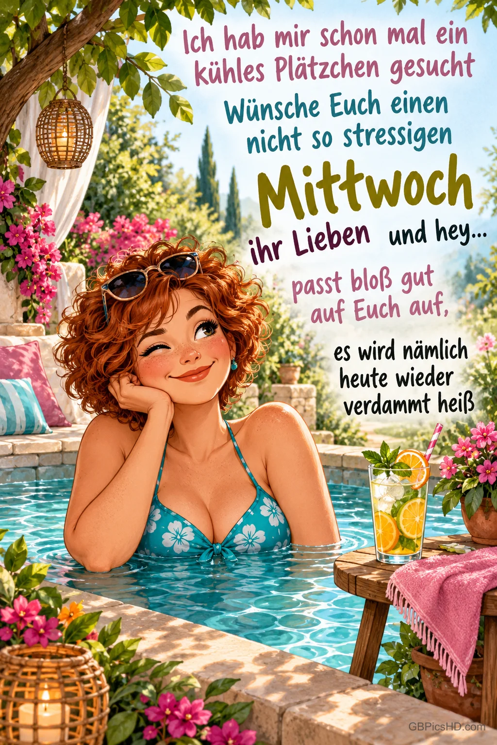 Eine rothaarige Frau sitzt im Pool neben Limonade mit dem Gruß "Wünsche Euch einen nicht so stressigen Mittwoch".