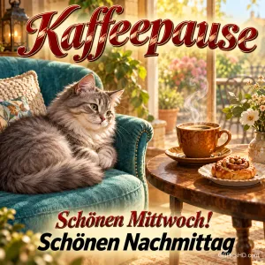 Eine Katze liegt im grünen Sessel neben Kaffee und Gebäck mit den Grüßen "Kaffeepause" und "Schönen Mittwoch!".