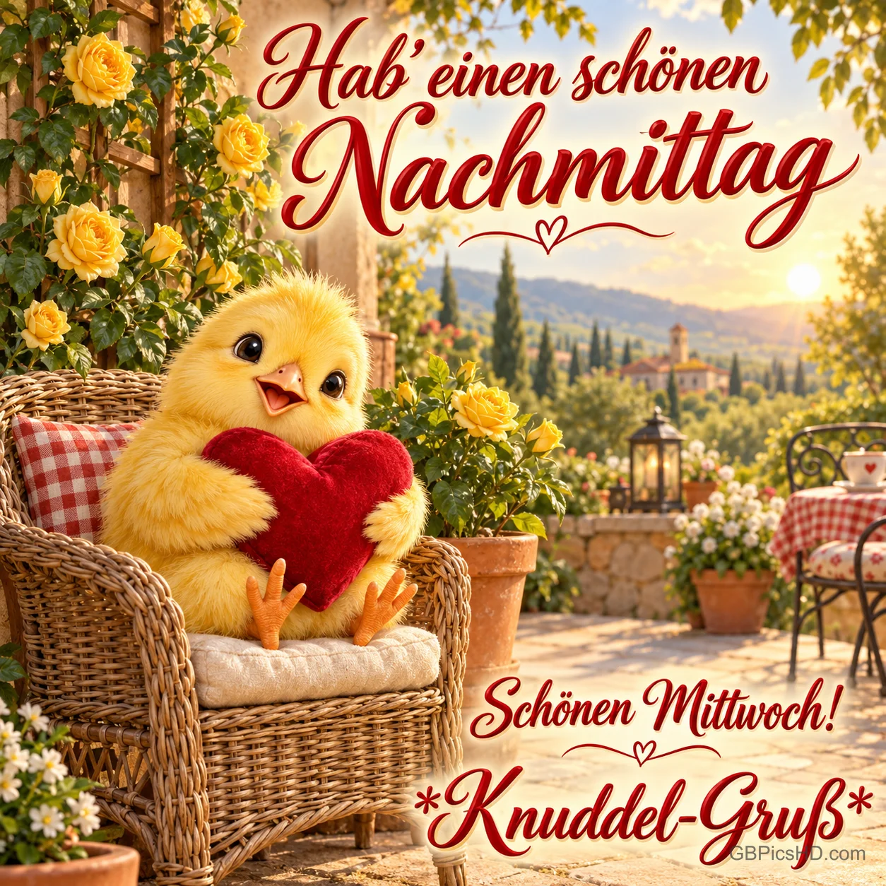 Ein gelbes Küken hält ein rotes Herz im Korbsessel zwischen gelben Rosen unter "Hab’ einen schönen Nachmittag".