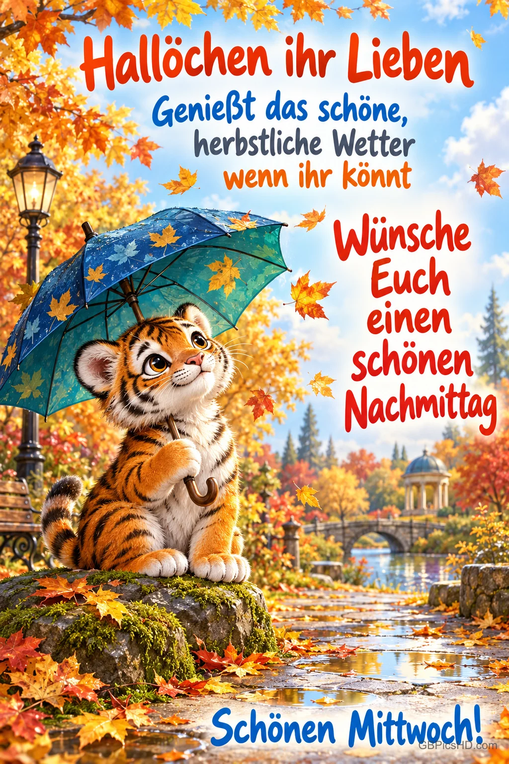 Ein kleiner Tiger hält einen Regenschirm im bunten Herbstpark mit nassem Weg und Brücke; dazu steht "Schönen Mittwoch!".