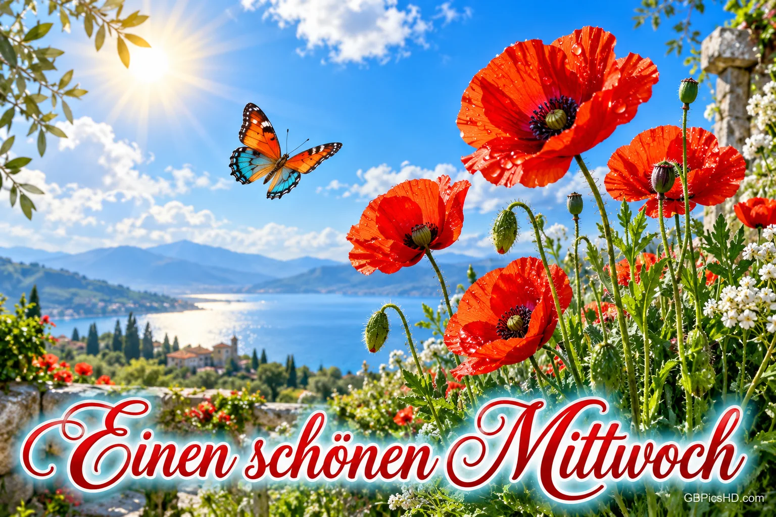 Rote Mohnblumen und ein Schmetterling vor einem sonnigen See begleiten den Gruß "Einen schönen Mittwoch".