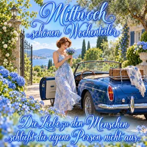 Eine Frau im blauen Kleid hält Blumen neben einem blauen Cabrio im Garten: "Mittwoch schönen Wochenteiler".