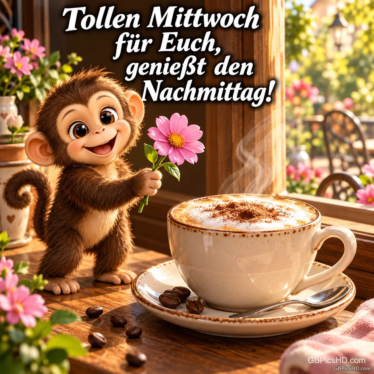 Ein kleiner Affe hält eine rosa Blume neben einem Cappuccino: "Tollen Mittwoch für Euch, genießt den Nachmittag!".