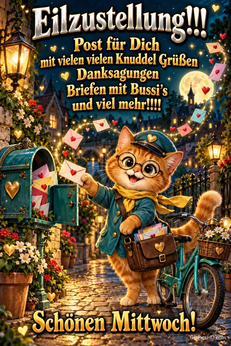 Eine Katze mit Posttasche steht am Briefkasten neben einem Fahrrad unter "Eilzustellung!!!" und "Schönen Mittwoch!".