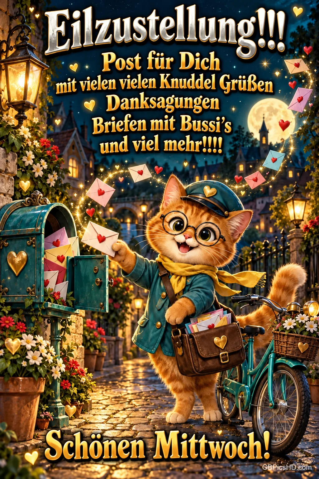 Eine Katze mit Posttasche steht am Briefkasten neben einem Fahrrad unter "Eilzustellung!!!" und "Schönen Mittwoch!".