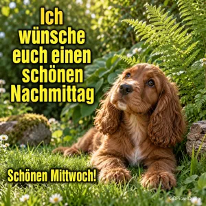 Ein brauner Welpe liegt zwischen Gras und Farnen mit "Ich wünsche euch einen schönen Nachmittag" und "Schönen Mittwoch!".