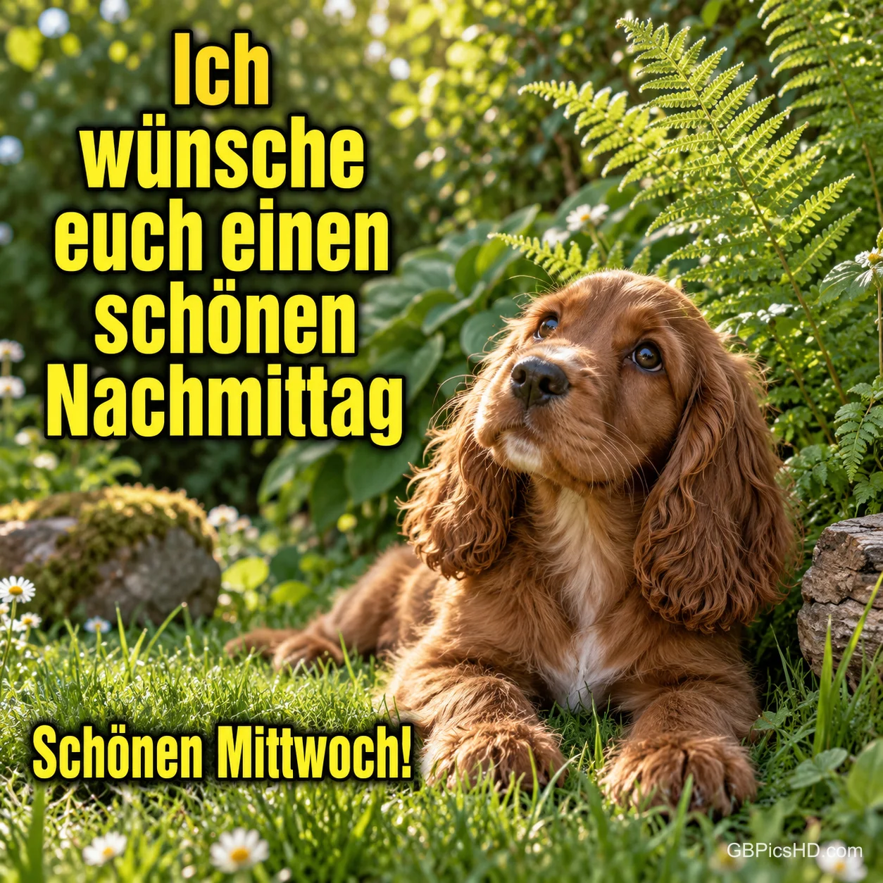 Ein brauner Welpe liegt zwischen Gras und Farnen mit "Ich wünsche euch einen schönen Nachmittag" und "Schönen Mittwoch!".