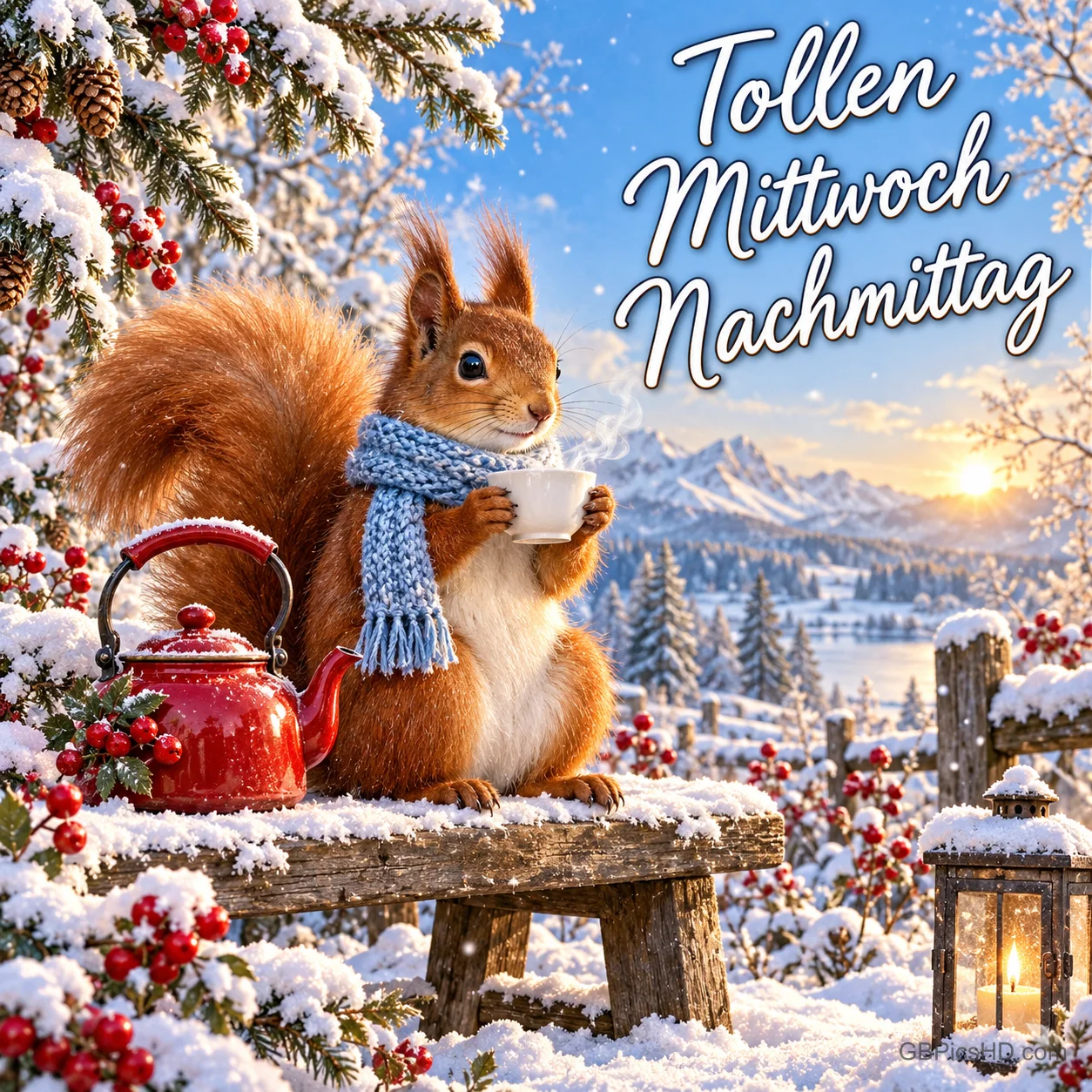 Ein Eichhörnchen mit blauem Schal hält eine Tasse neben einer roten Teekanne im Schnee: "Tollen Mittwochnachmittag".